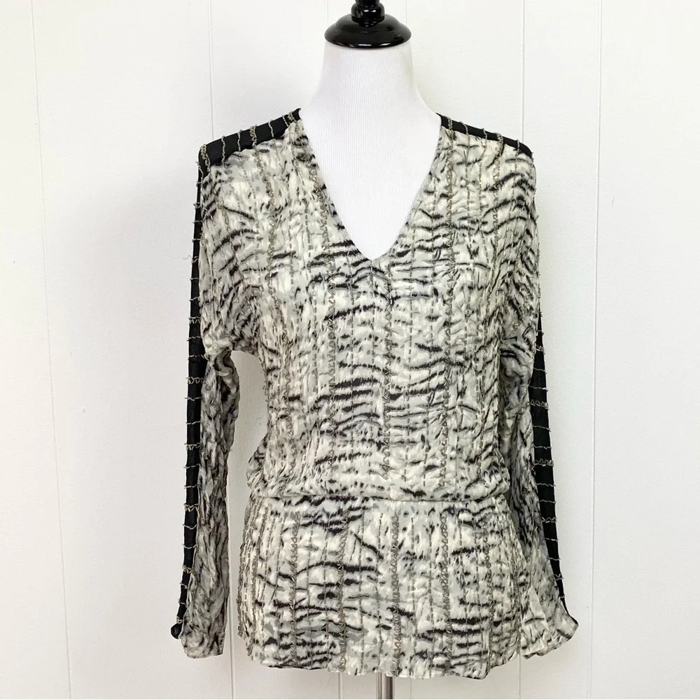 PARKER Animal Print Black Gray Beaded Long Sleeve SILK Sheer Top Women Sz Medium